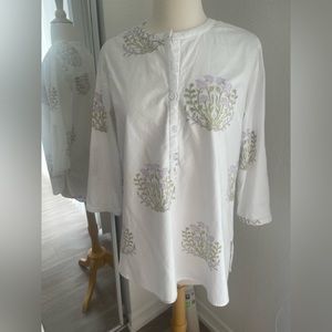 Madison Matthews White Lavender Block Print Tunic Henley Top Size S